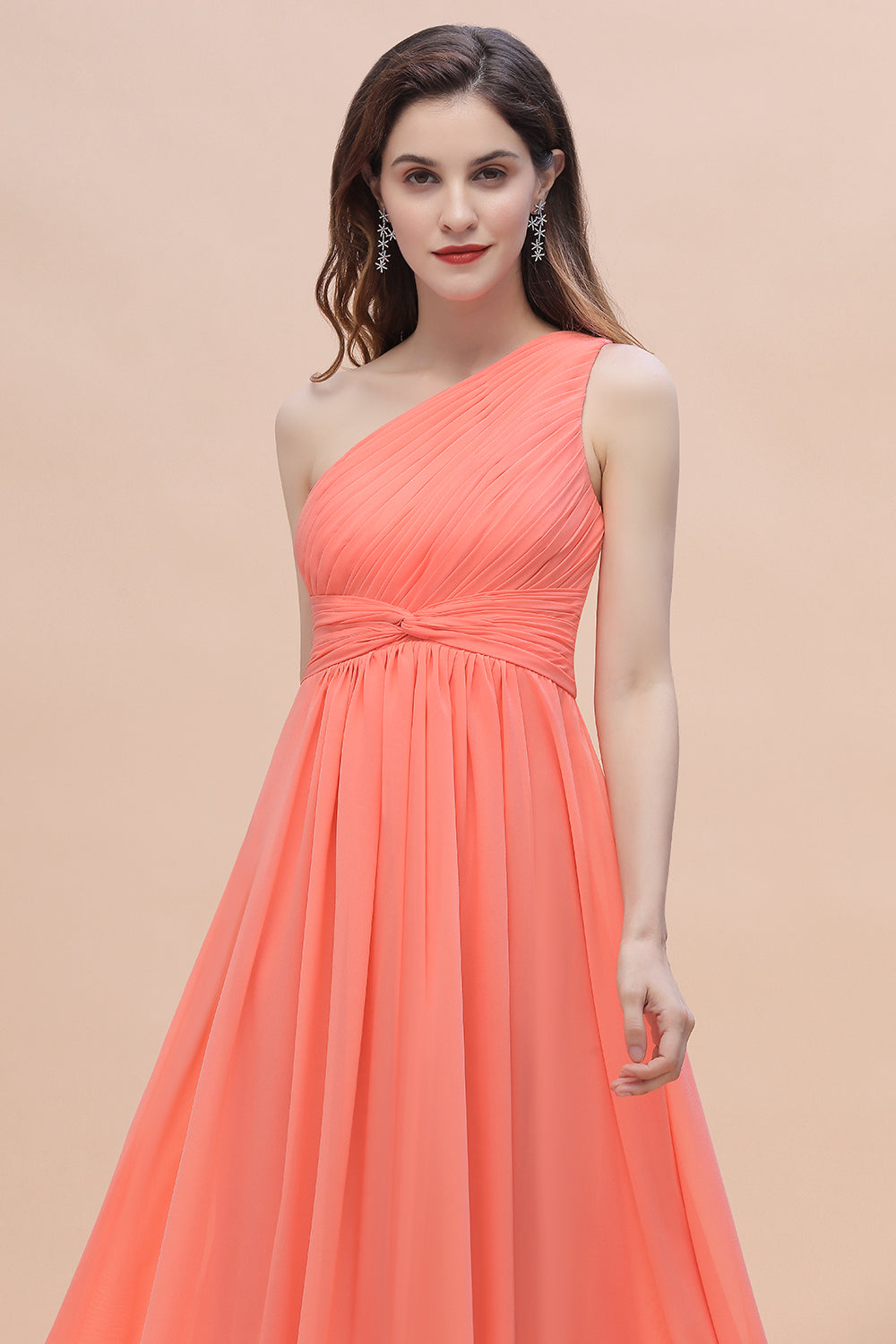 Chic One-Shoulder Ruffles Chiffon Coral Bridesmaid Dresses On Sale-27dress