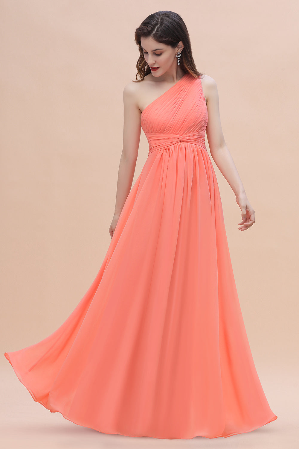 Chic One-Shoulder Ruffles Chiffon Coral Bridesmaid Dresses On Sale-27dress