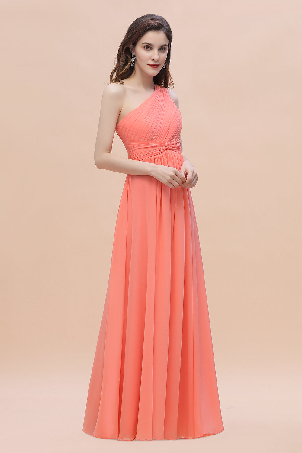 Chic One-Shoulder Ruffles Chiffon Coral Bridesmaid Dresses On Sale-27dress