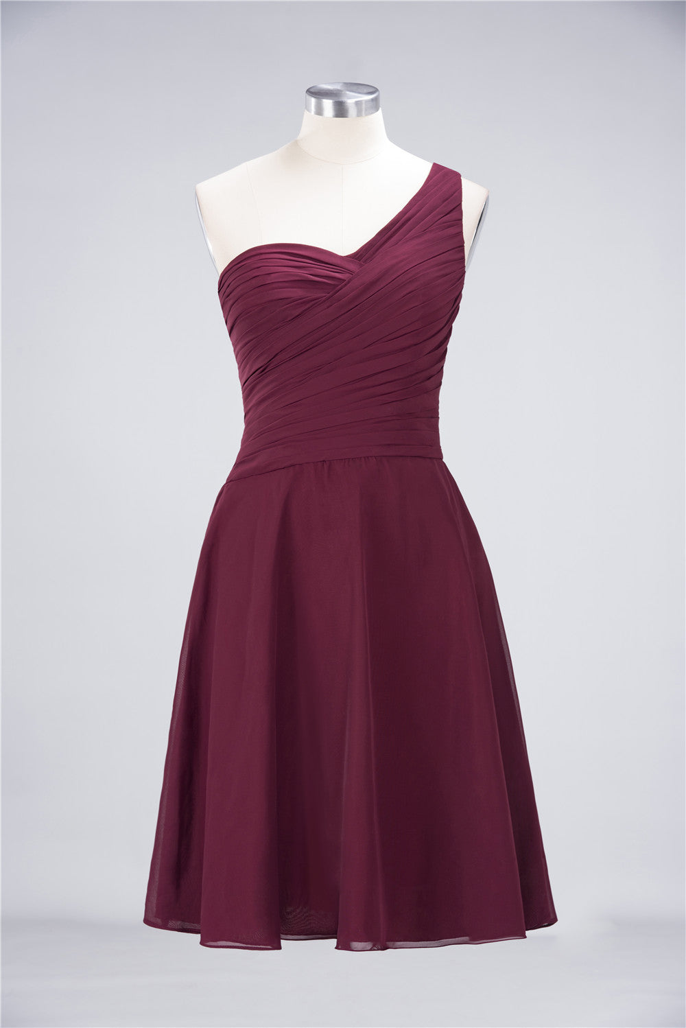 Chic One-Shoulder Short Burgundy Affordable Bridesmaid Dress with Ruffle-27dress