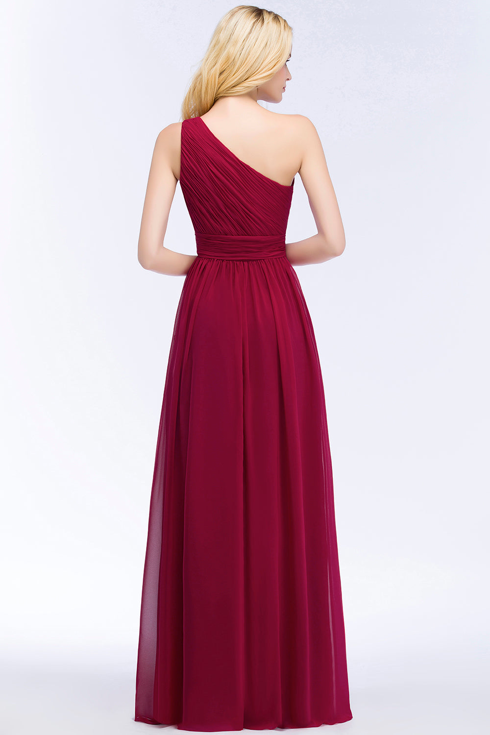 Load image into Gallery viewer, Chic One-shoulder Sleeveless Burgundy Chiffon Bridesmaid Dresses Online-27dress
