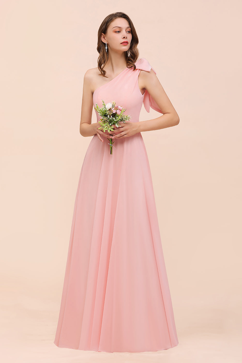 Chic One Shoulder Sleeveless Pink Chiffon Bridesmaid Dress with Bow 27dress Chic One Shoulder Sleeveless Pink Chiffon Bridesmaid Dress with Bow 27dress
