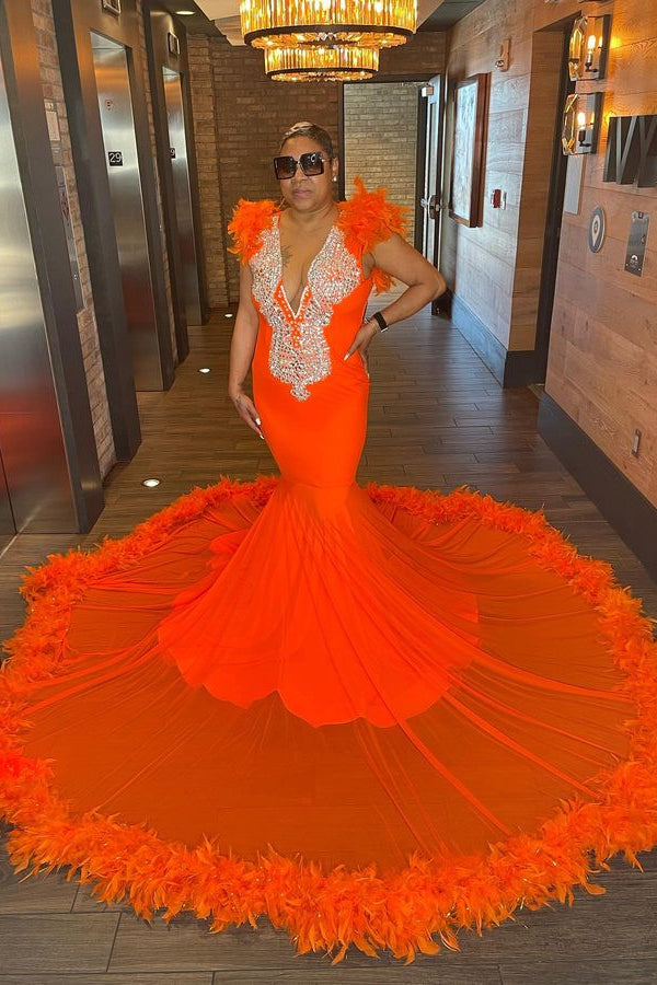 Chic Orange Sleeveless Beaded Long Mermaid Prom Dress Appliques with Feathers
