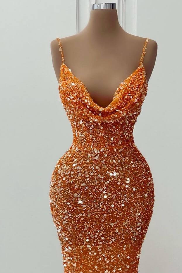 Chic Orange Sleeveless Spaghetti Strap Mermaid Long Prom Dress With Sequins