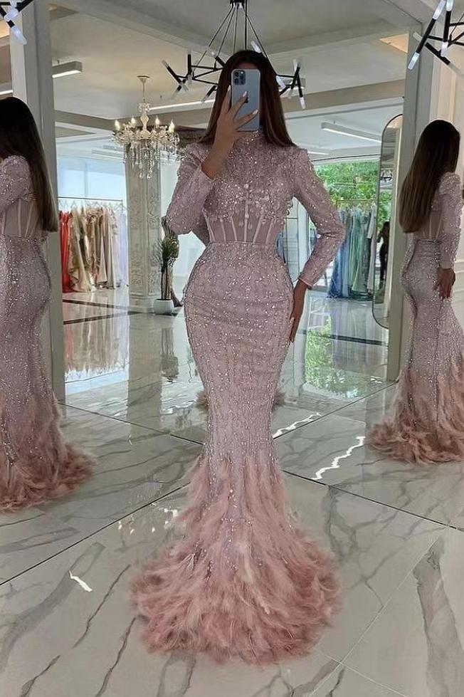 Chic Pink Long Prom Dress With Feather Long Sleeves Sequins