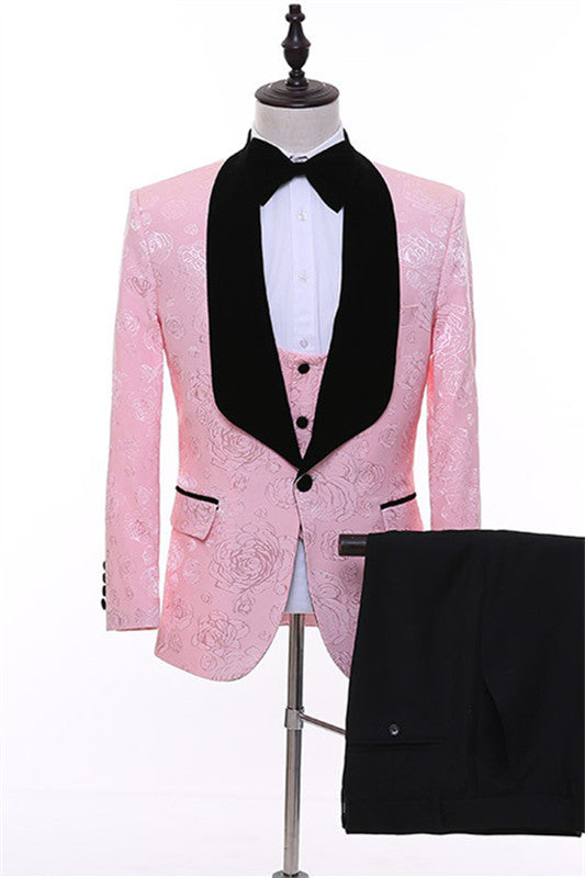 Chic Pink Three Pieces Shawl Lapel Jacquard Men Suits For Wedding