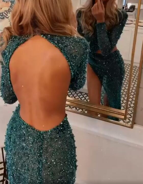 Chic Pool High Neck Long Sleeves Sequins Mermaid Prom Dress With High Split