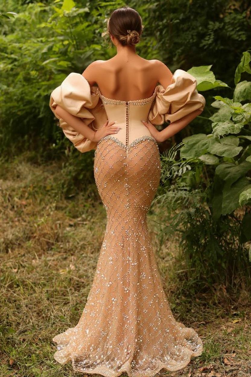 27DRESS Chic Puff Sleeves Mermaid Floor-length Sequined Evening Dresses