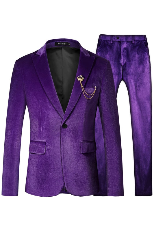 Chic Purple Peaked Lapel Velvet Men Suits For Prom