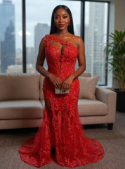 27DRESS Chic Red Deep V-neck Mermaid Evening Dresses with Lace Applique