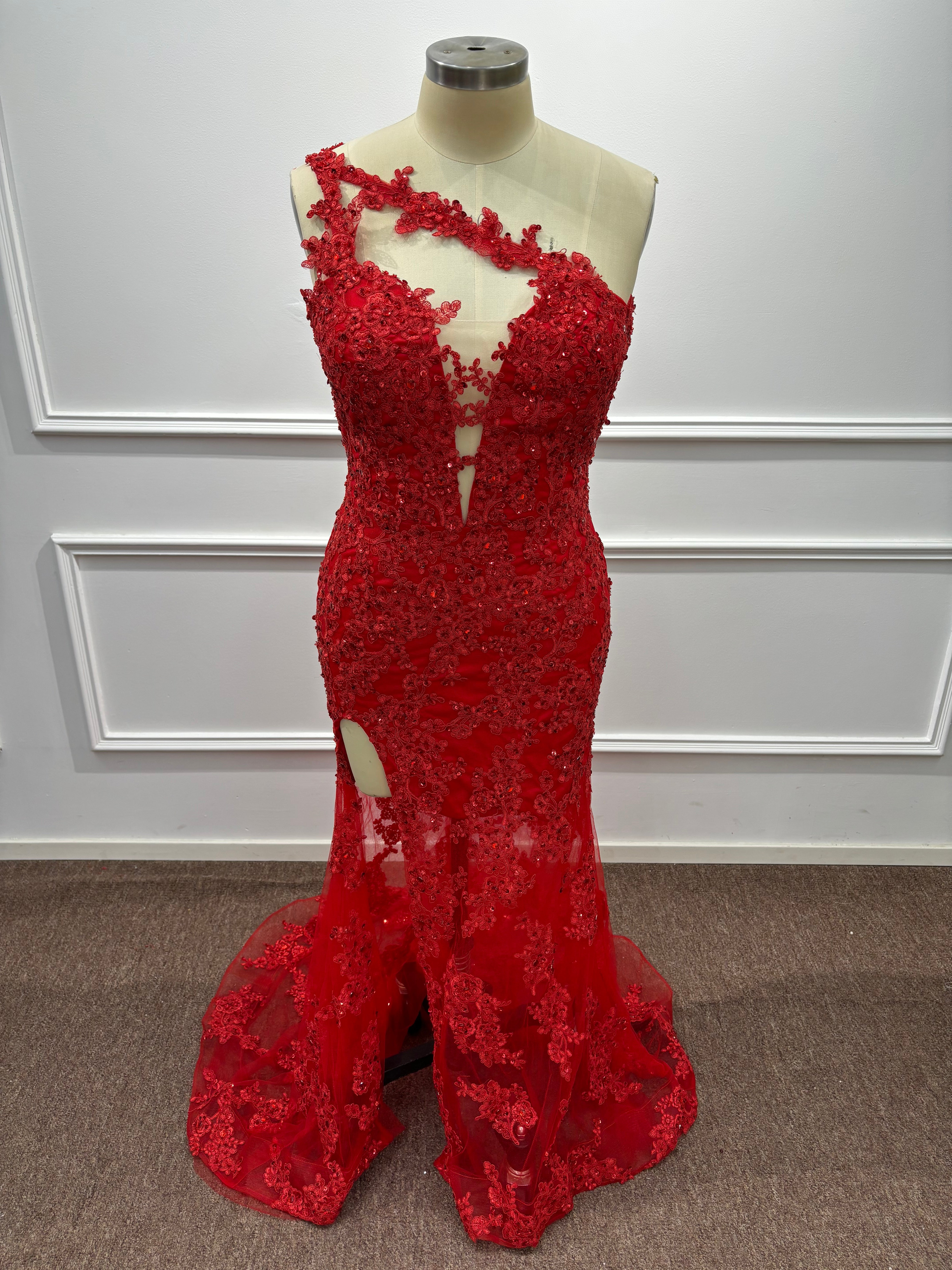 27DRESS Chic Red Deep V-neck Mermaid Evening Dresses with Lace Applique