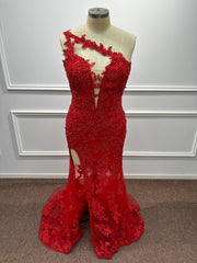 27DRESS Chic Red Deep V-neck Mermaid Evening Dresses with Lace Applique