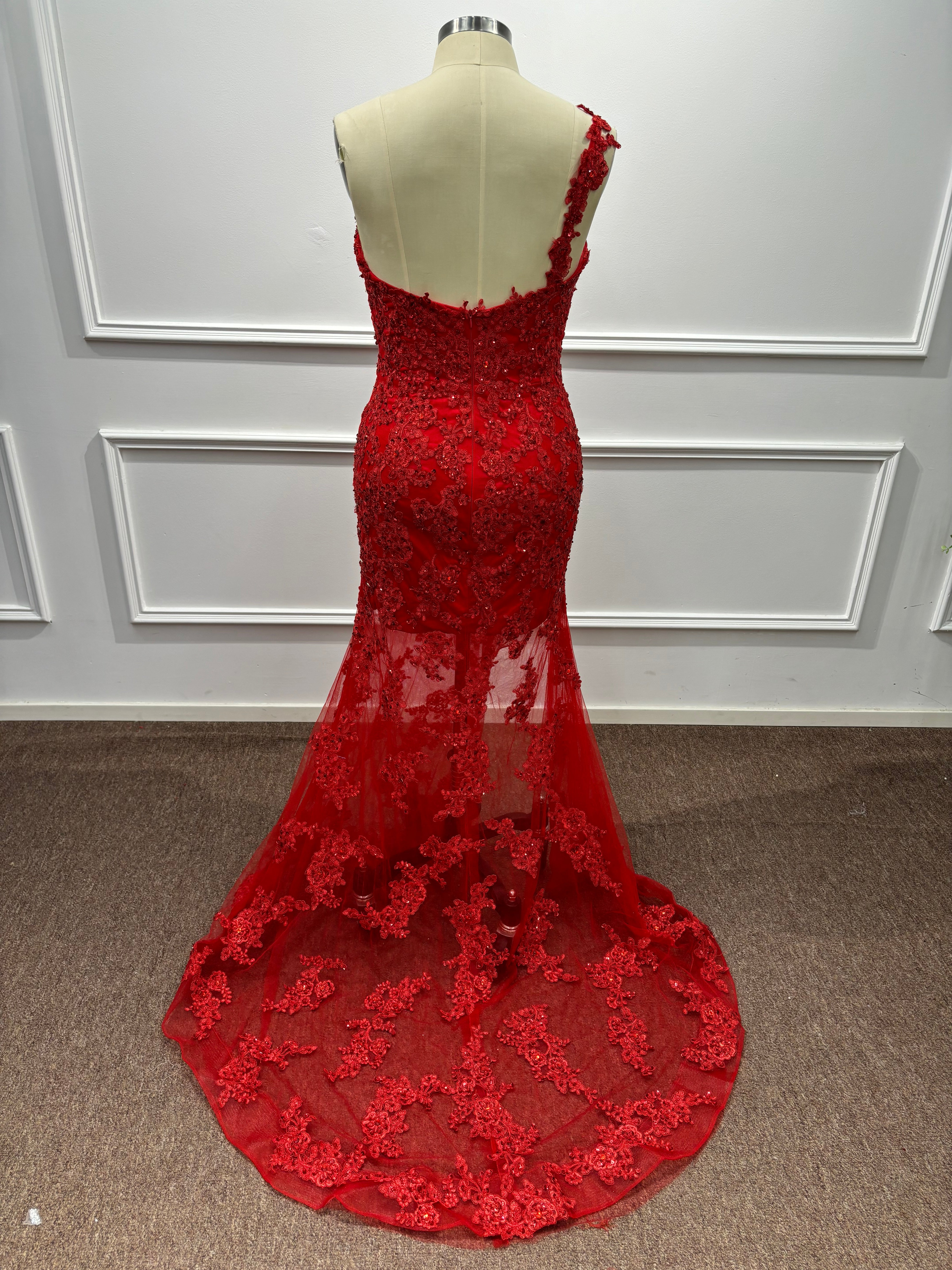 27DRESS Chic Red Deep V-neck Mermaid Evening Dresses with Lace Applique