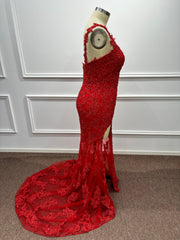 27DRESS Chic Red Deep V-neck Mermaid Evening Dresses with Lace Applique