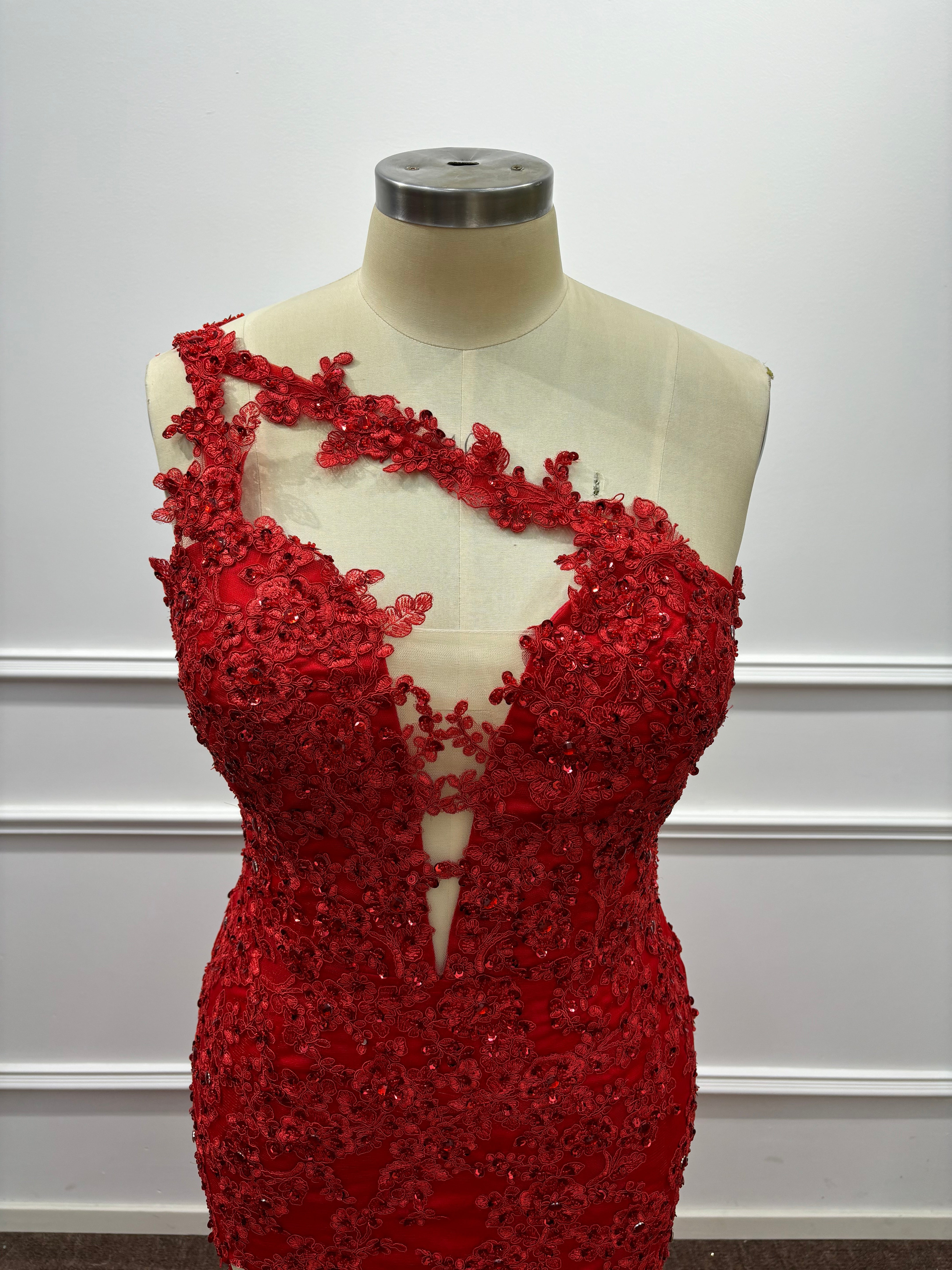 27DRESS Chic Red Deep V-neck Mermaid Evening Dresses with Lace Applique