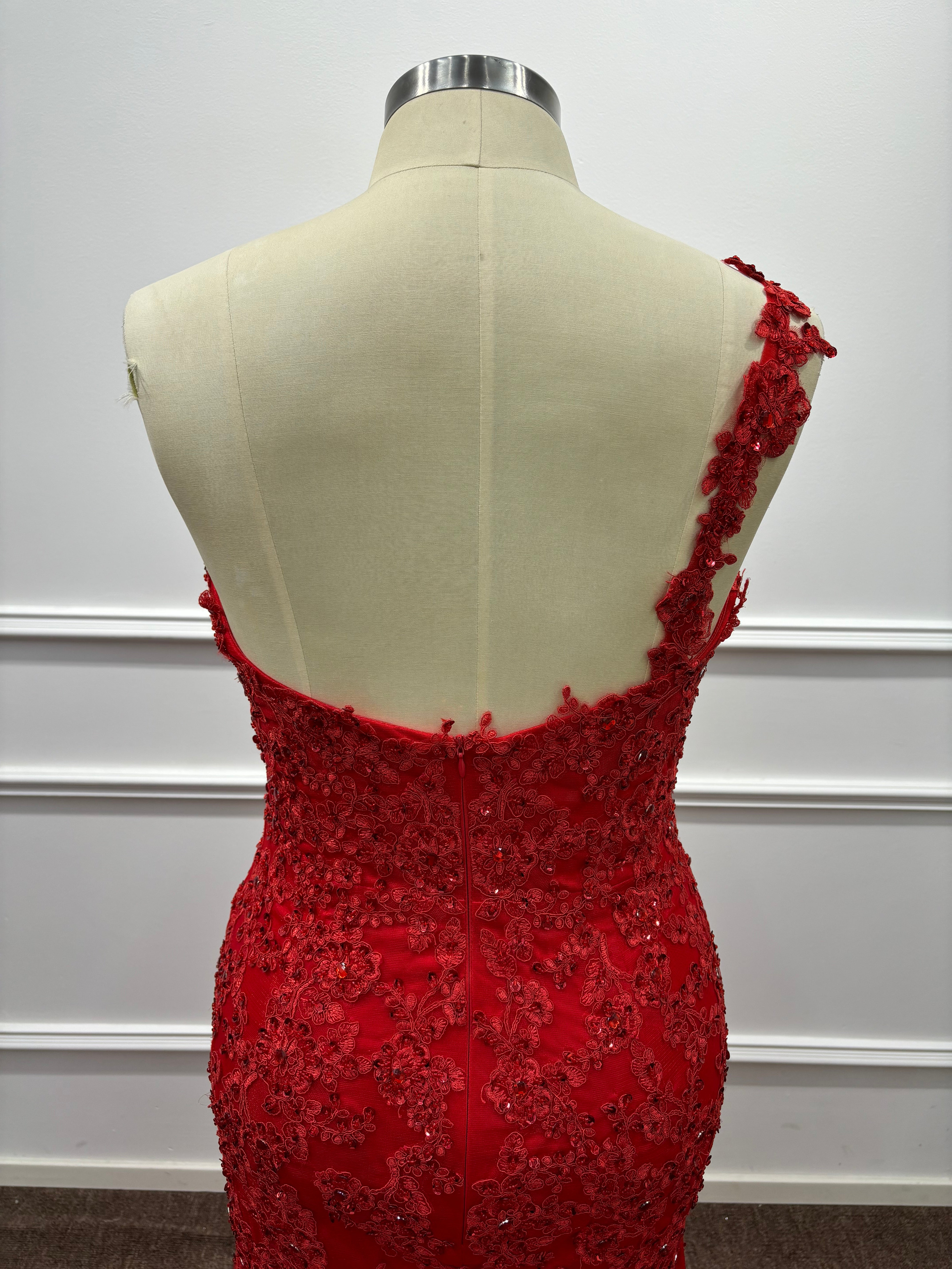 27DRESS Chic Red Deep V-neck Mermaid Evening Dresses with Lace Applique