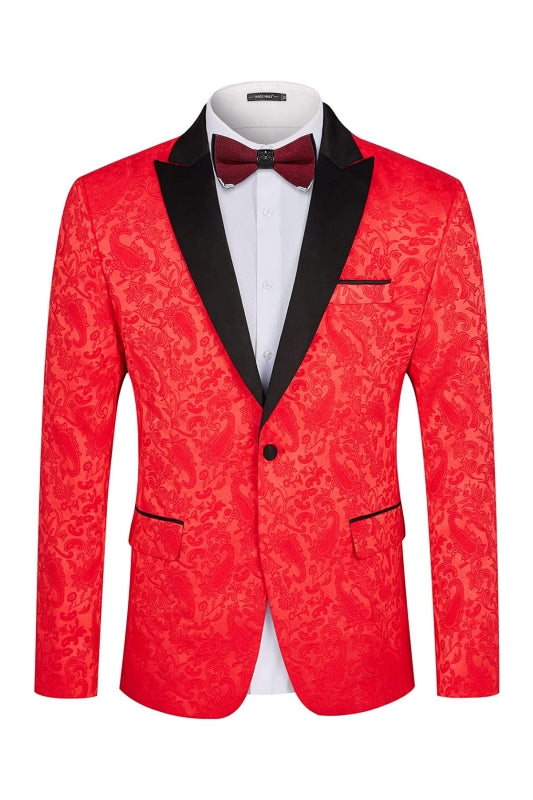 Chic Peaked Lapel Two Pieces Jacquard Red Prom Suits For Men