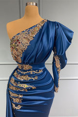 Chic Royal Blue Beadings One Shoulder Mermaid Prom Dress Long With Pleated