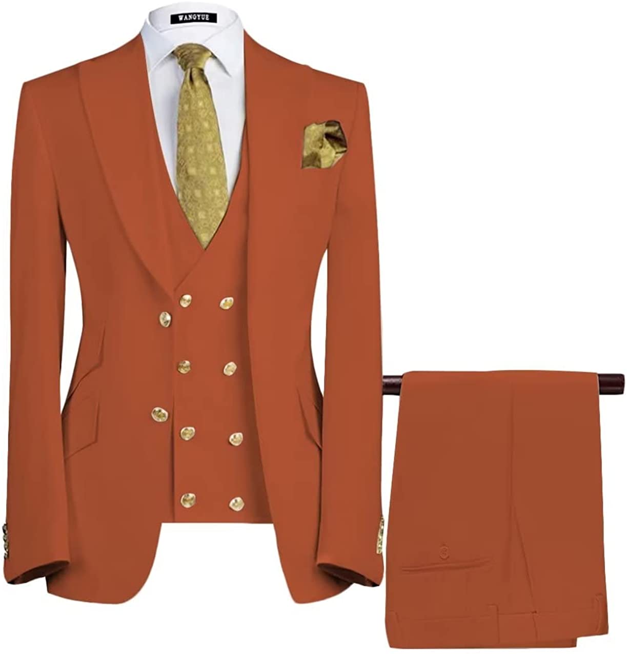 Chic Rust Three Pieces Peaked Lapel Red Prom Suits For Men