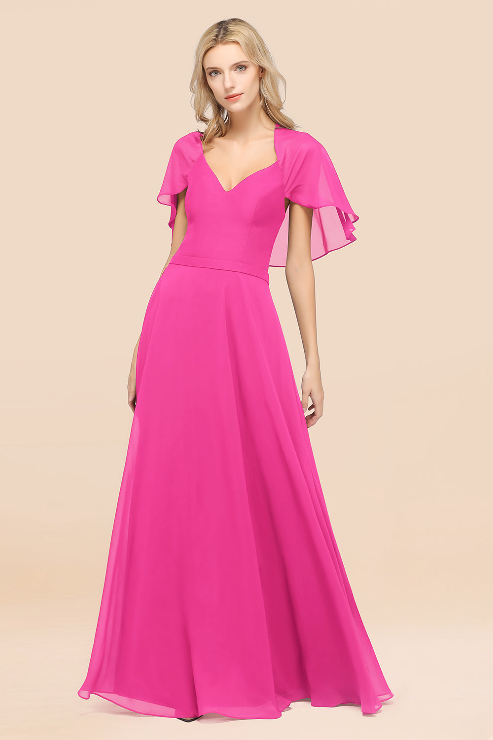 Chic Satin V-Neck Long Burgundy Chiffon Bridesmaid Dress with Flutter Sleeve-27dress