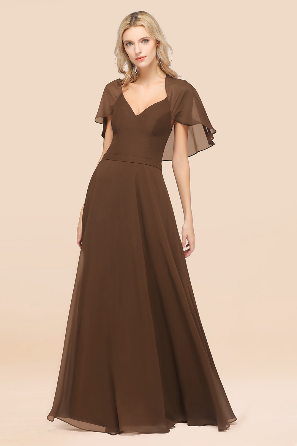 Chic Satin V-Neck Long Burgundy Chiffon Bridesmaid Dress with Flutter Sleeve-27dress