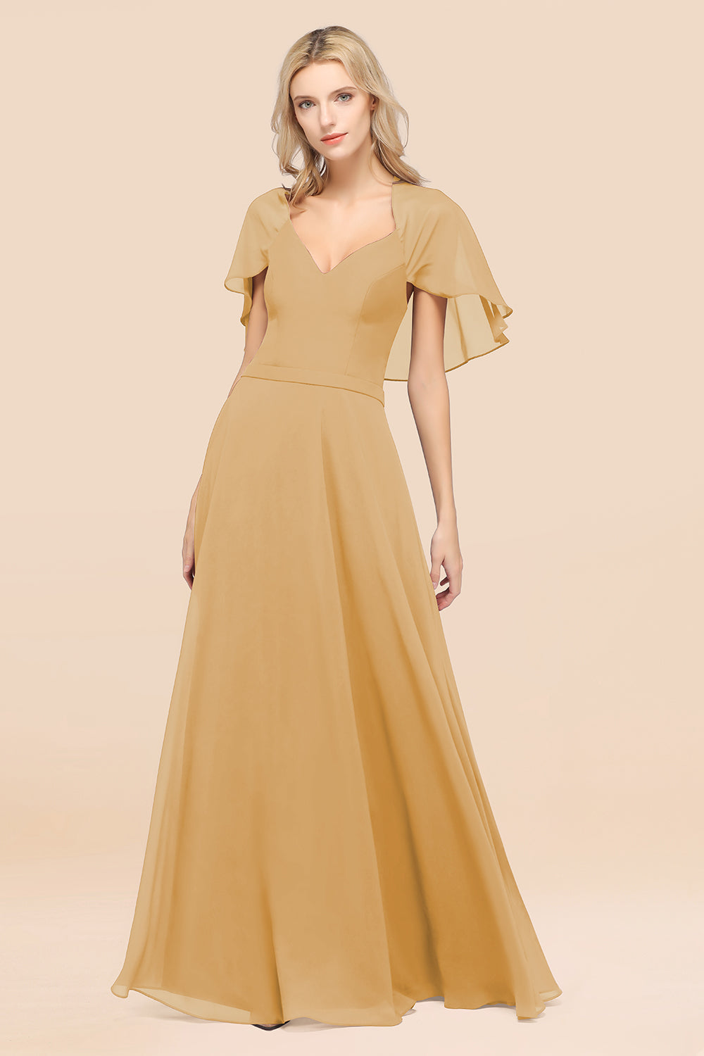 Chic Satin V-Neck Long Burgundy Chiffon Bridesmaid Dress with Flutter Sleeve-27dress