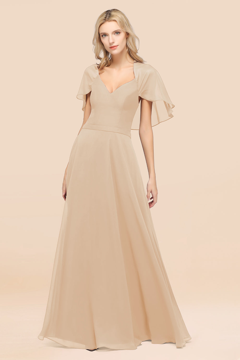 Chic Satin V-Neck Long Burgundy Chiffon Bridesmaid Dress with Flutter Sleeve-27dress