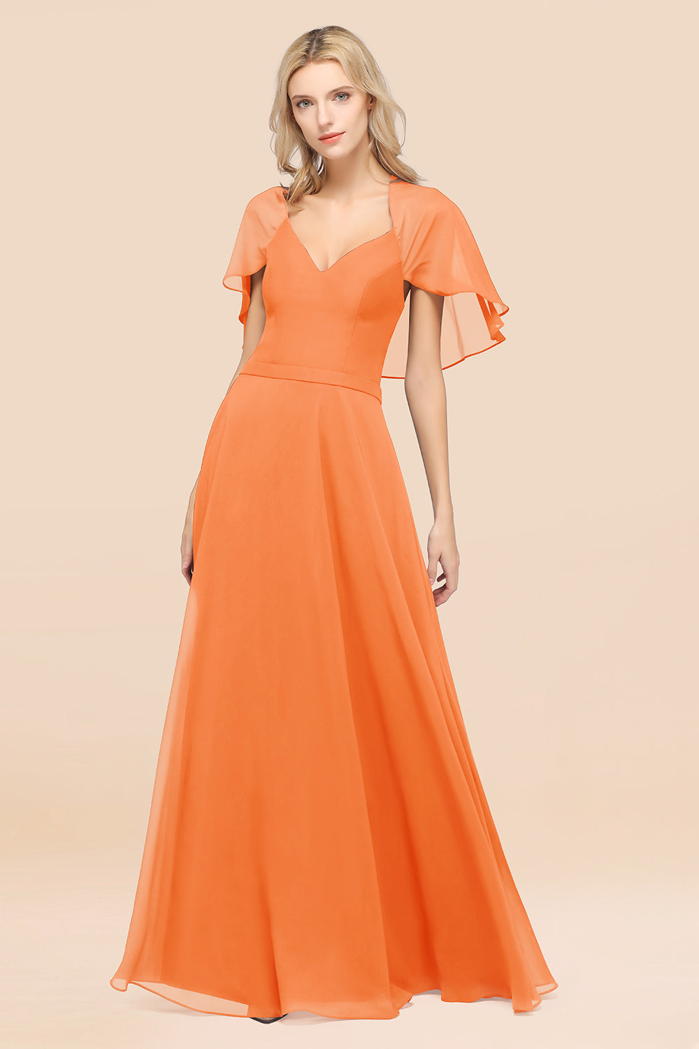 Chic Satin V-Neck Long Burgundy Chiffon Bridesmaid Dress with Flutter Sleeve-27dress