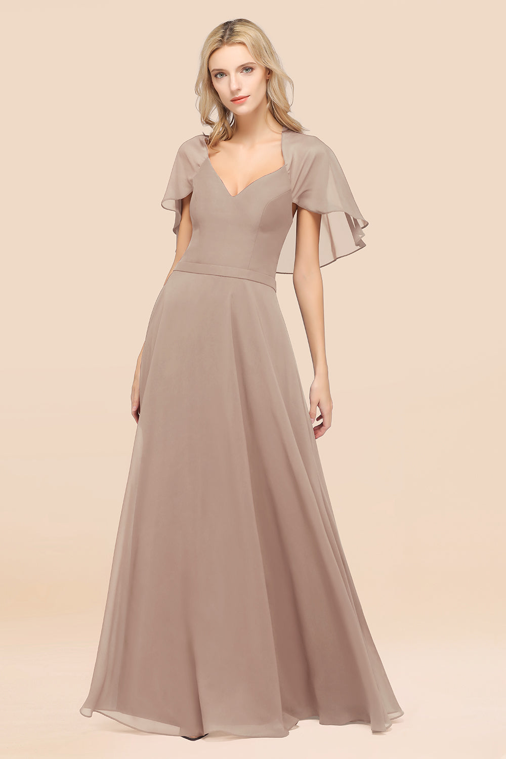 Chic Satin V-Neck Long Burgundy Chiffon Bridesmaid Dress with Flutter Sleeve-27dress