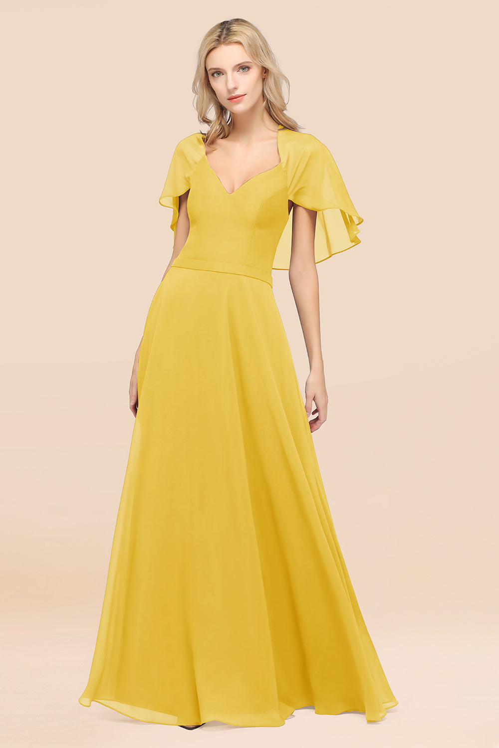 Chic Satin V-Neck Long Burgundy Chiffon Bridesmaid Dress with Flutter Sleeve-27dress