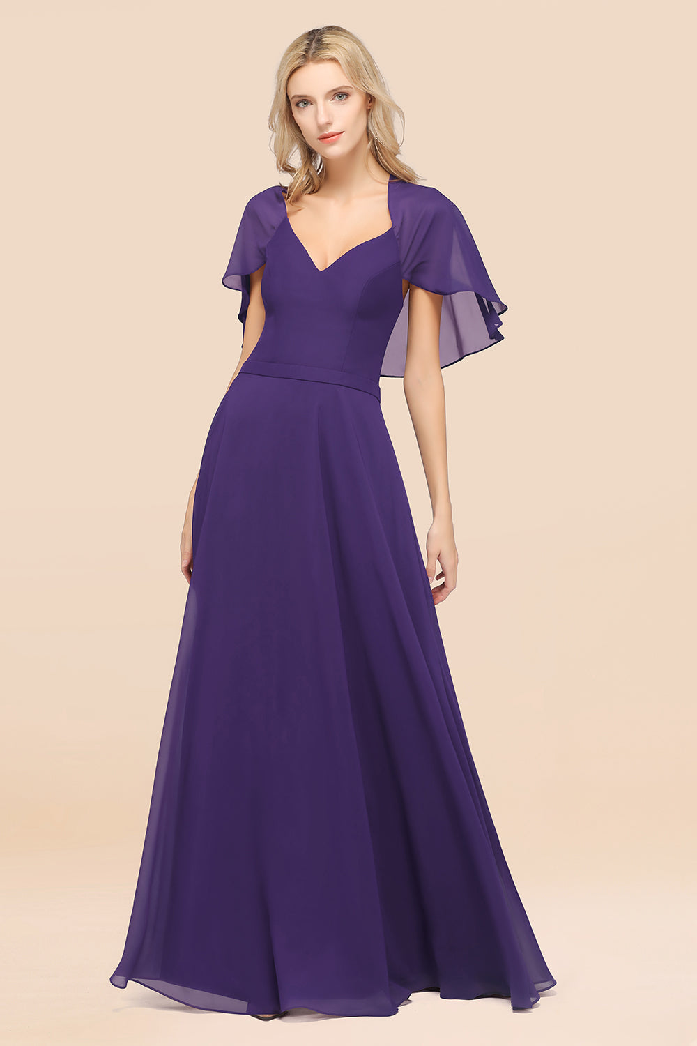 Chic Satin V-Neck Long Burgundy Chiffon Bridesmaid Dress with Flutter Sleeve-27dress
