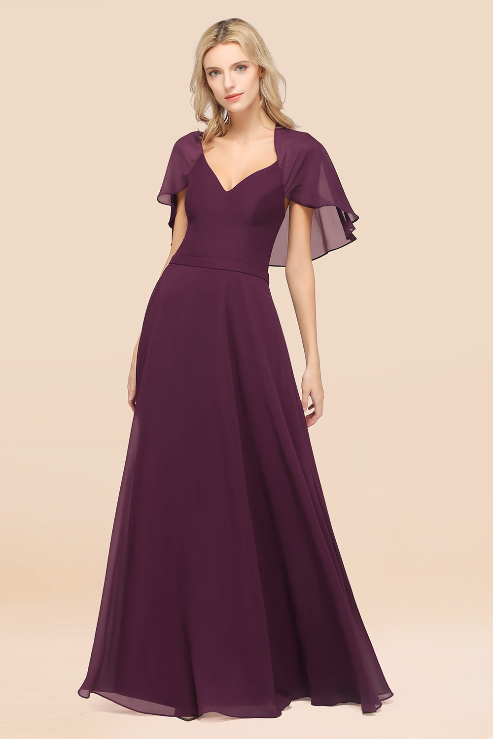 Chic Satin V-Neck Long Burgundy Chiffon Bridesmaid Dress with Flutter Sleeve-27dress