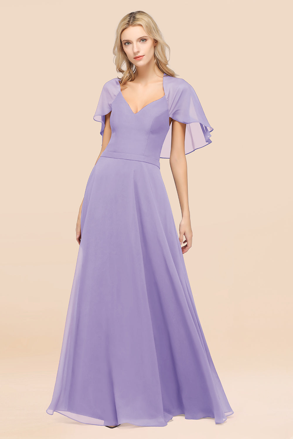 Chic Satin V-Neck Long Burgundy Chiffon Bridesmaid Dress with Flutter Sleeve-27dress