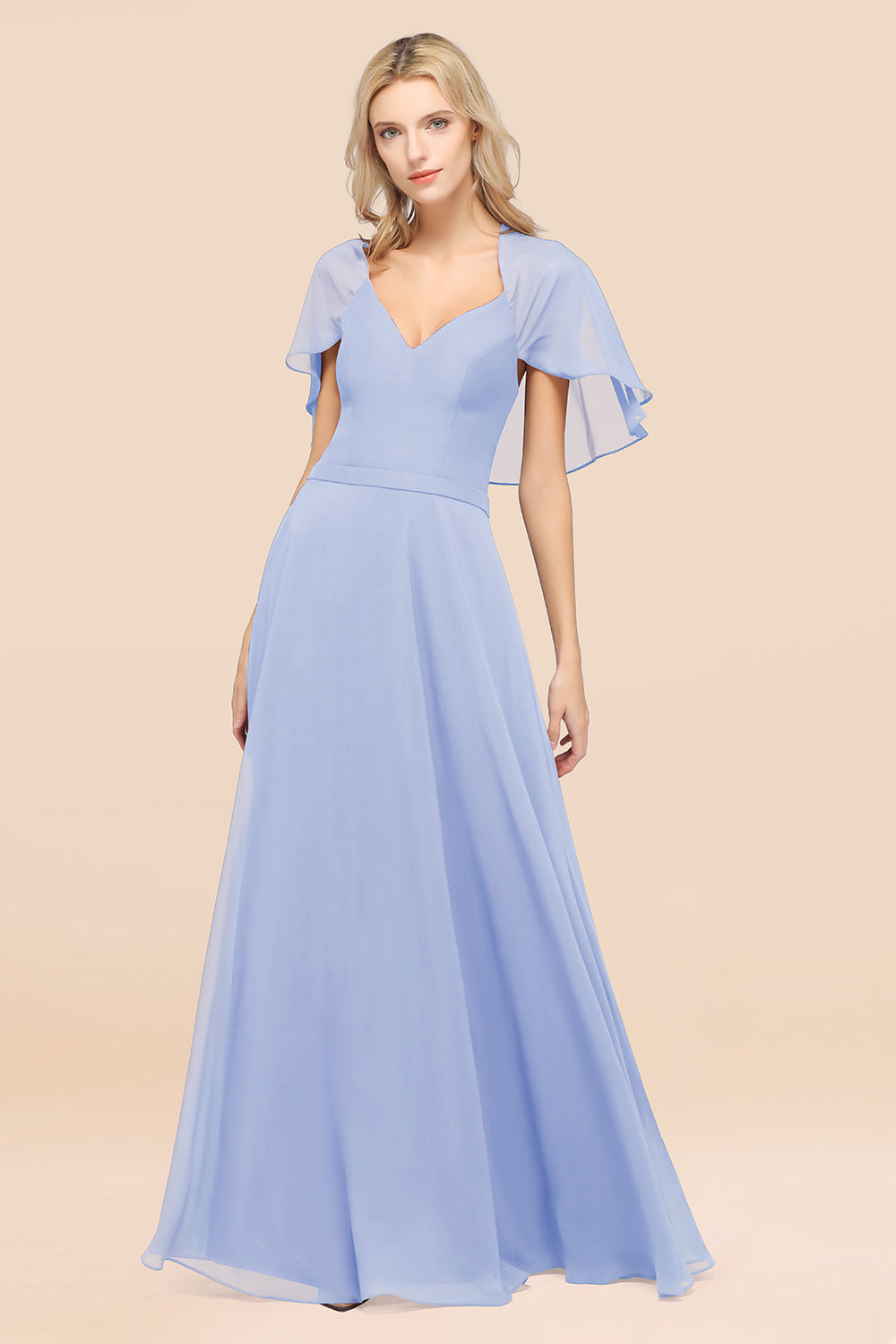 Chic Satin V-Neck Long Burgundy Chiffon Bridesmaid Dress with Flutter Sleeve-27dress