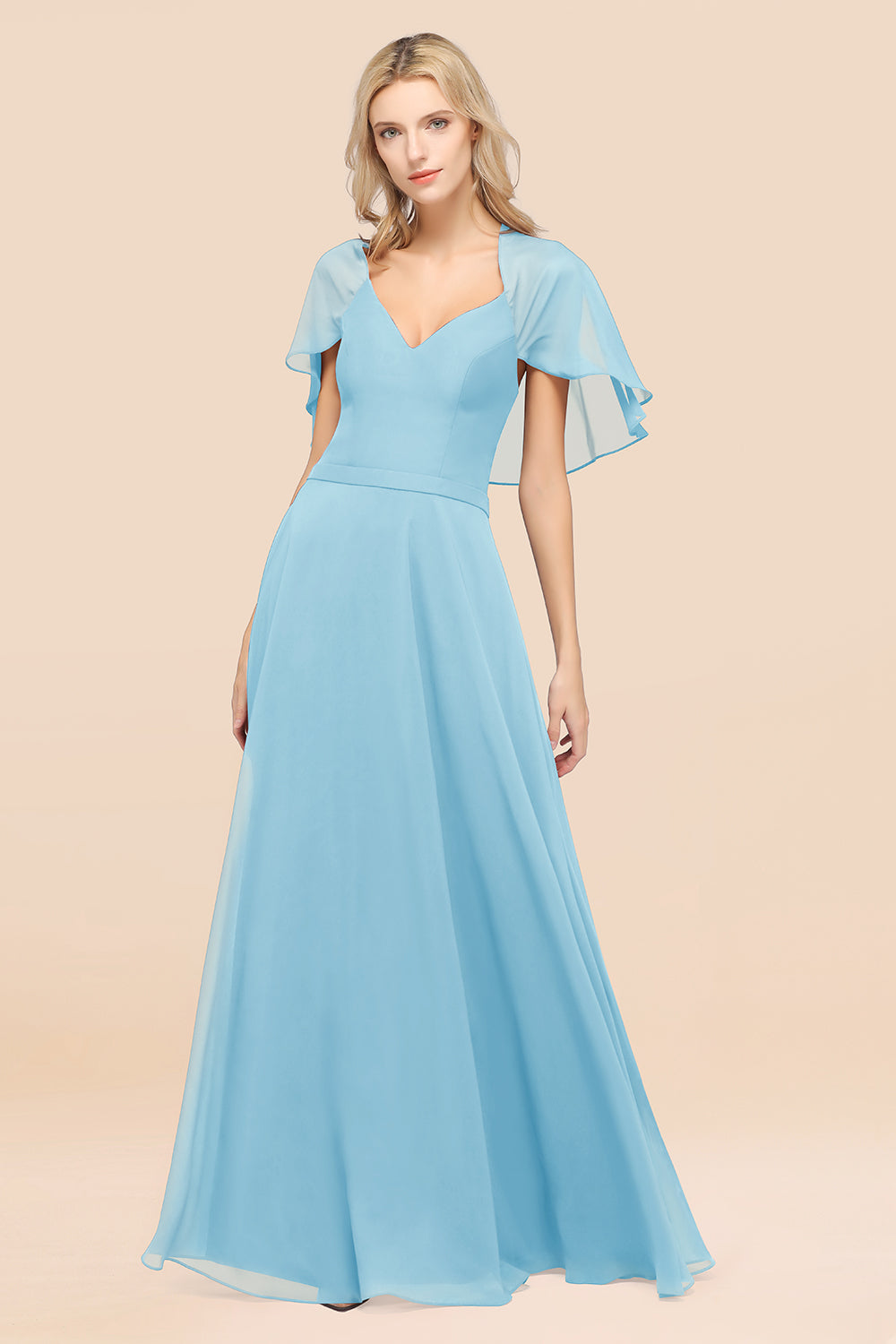 Chic Satin V-Neck Long Burgundy Chiffon Bridesmaid Dress with Flutter Sleeve-27dress