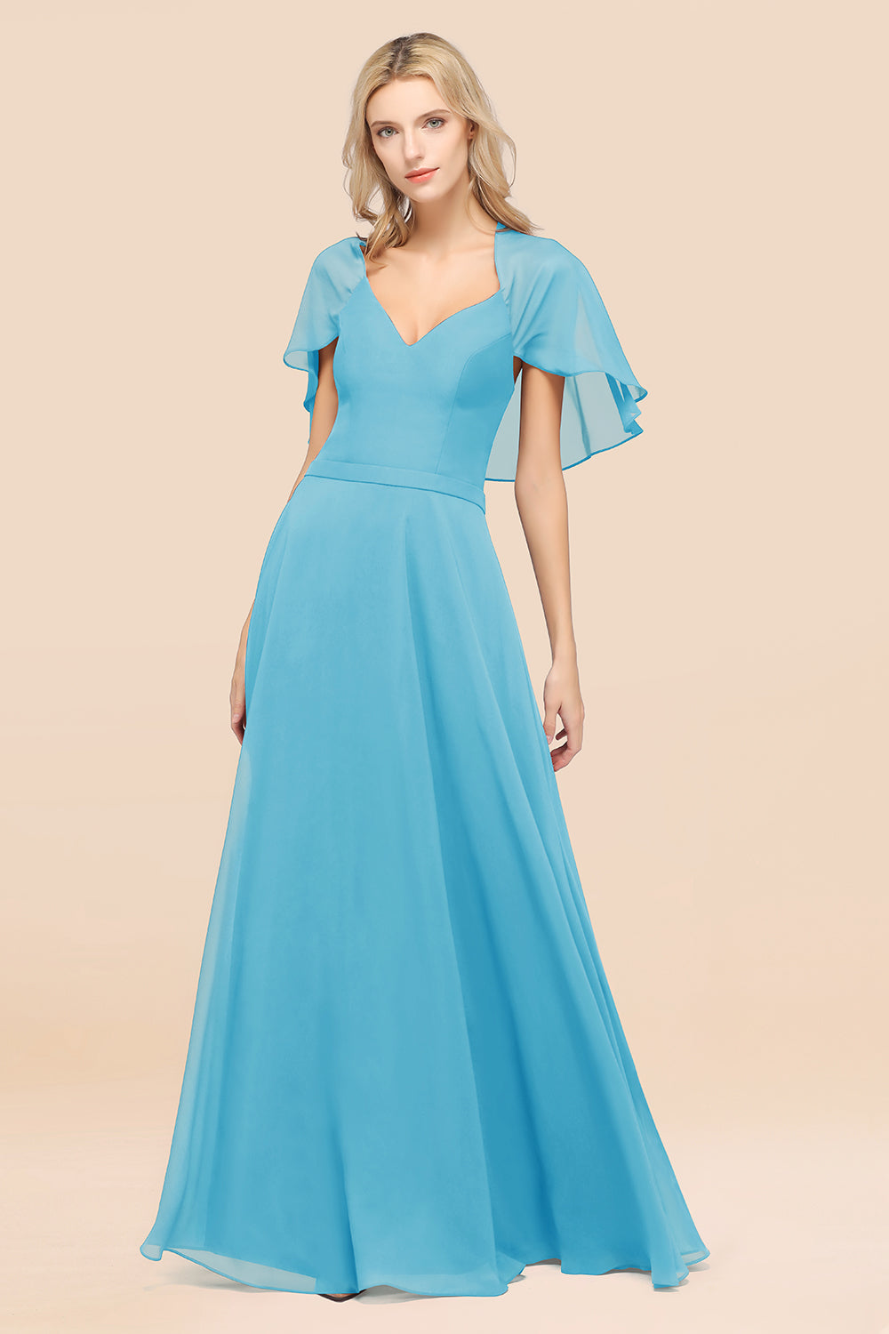 Chic Satin V-Neck Long Burgundy Chiffon Bridesmaid Dress with Flutter Sleeve-27dress