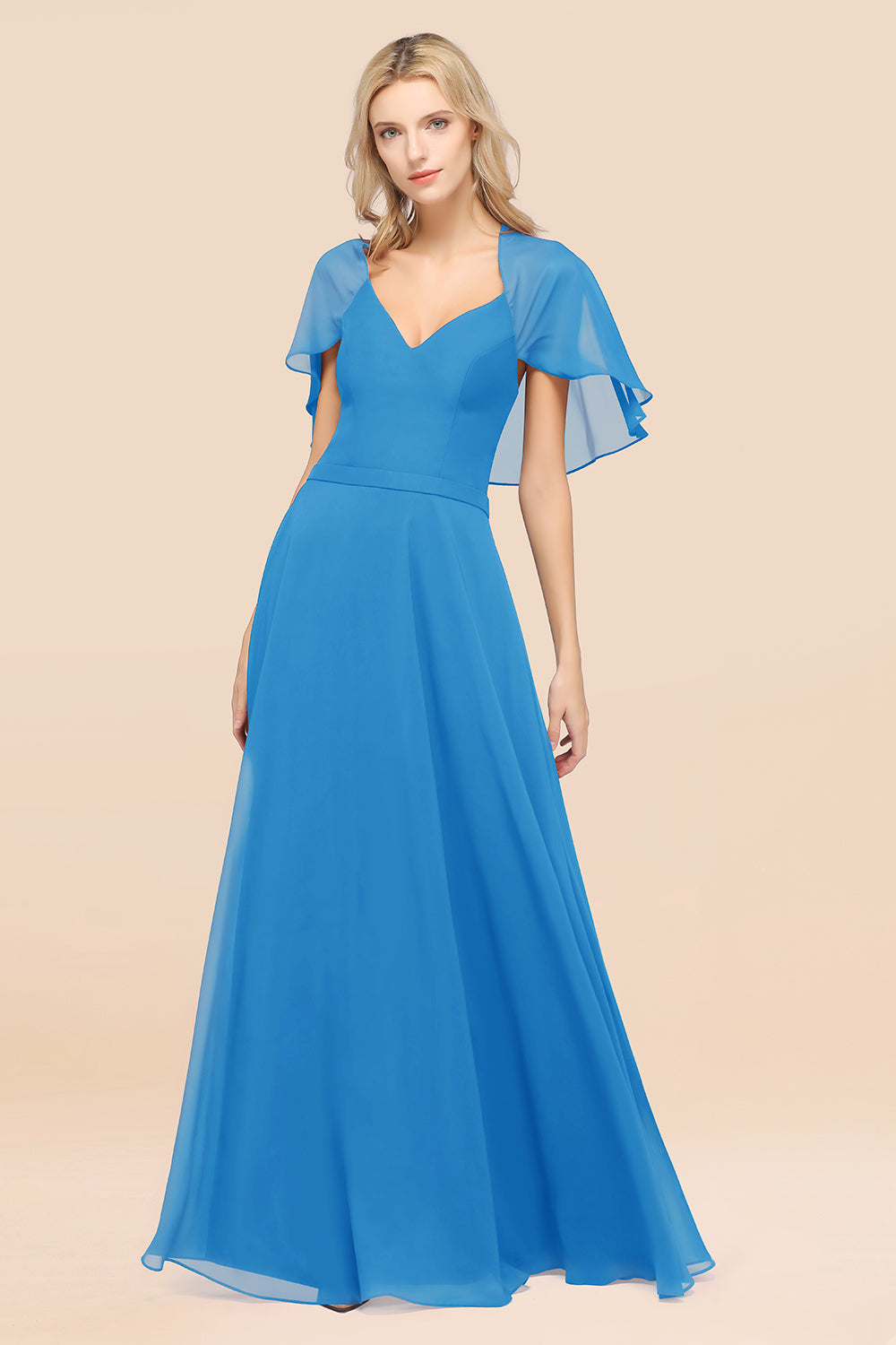 Chic Satin V-Neck Long Burgundy Chiffon Bridesmaid Dress with Flutter Sleeve-27dress