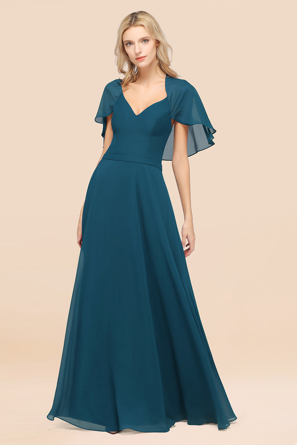 Chic Satin V-Neck Long Burgundy Chiffon Bridesmaid Dress with Flutter Sleeve-27dress