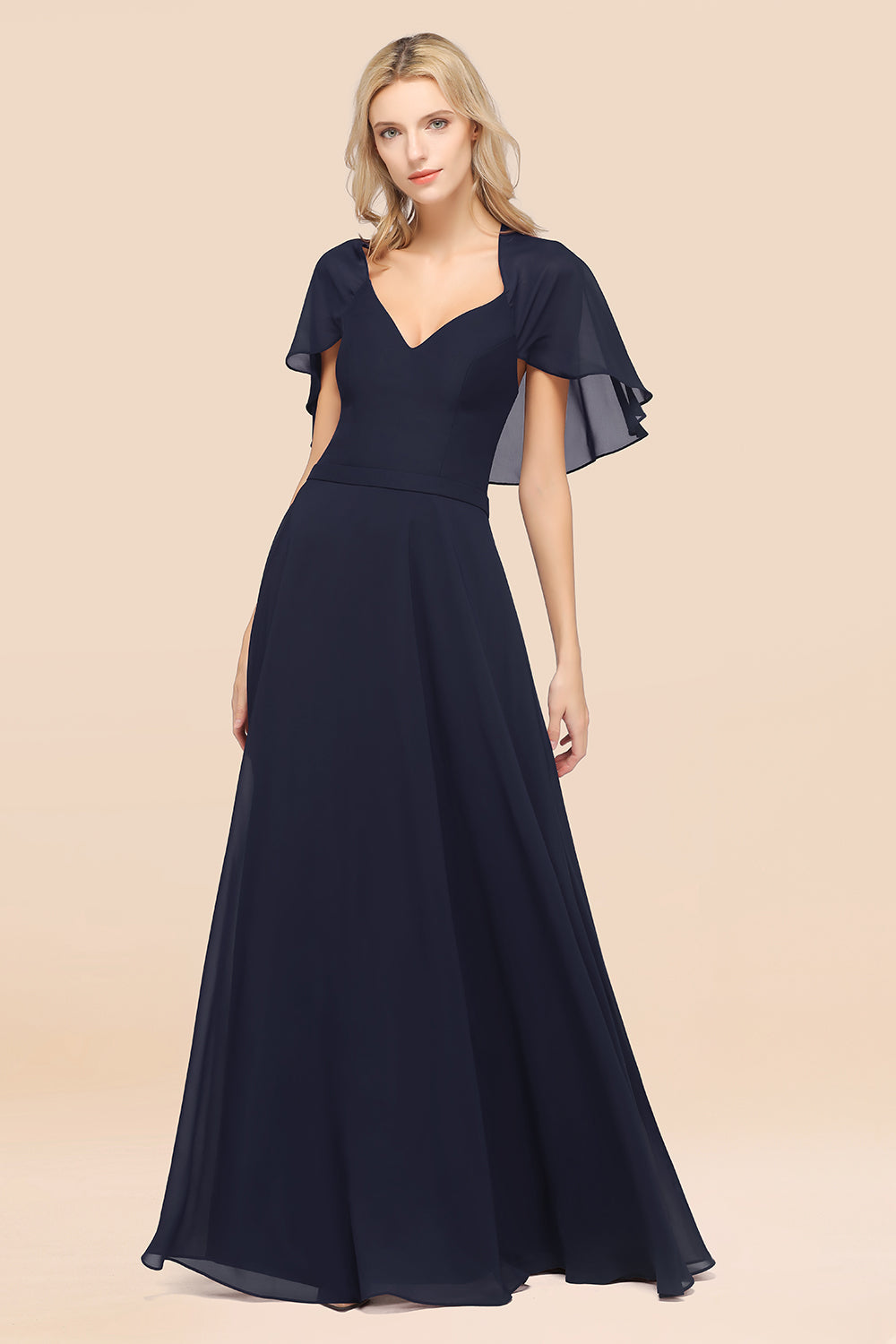 Chic Satin V-Neck Long Burgundy Chiffon Bridesmaid Dress with Flutter Sleeve-27dress