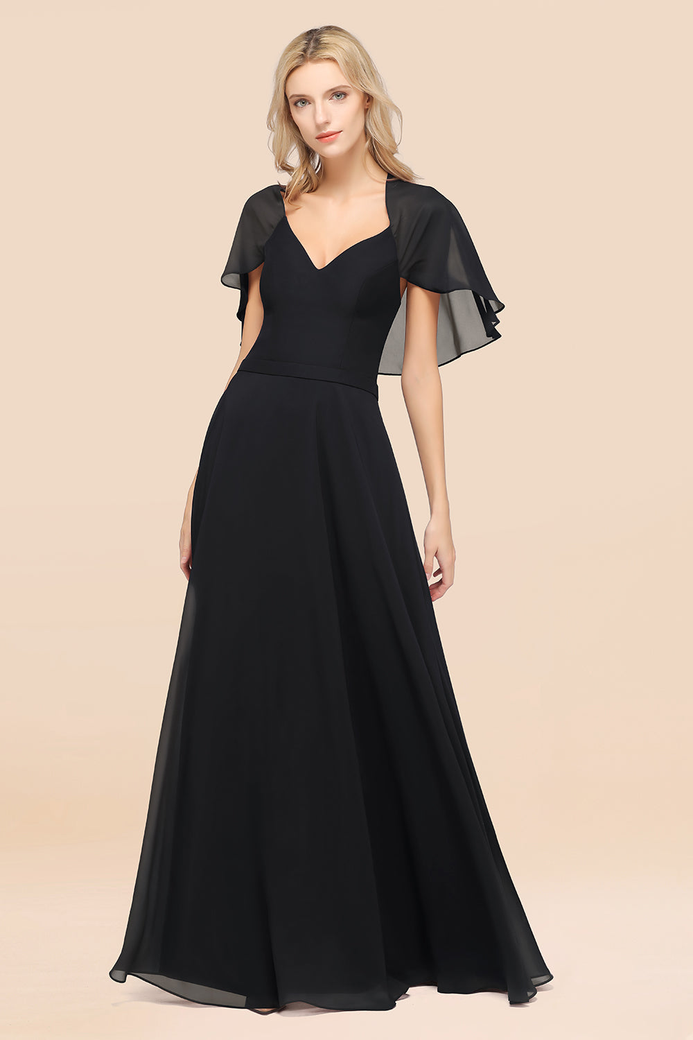 Chic Satin V-Neck Long Burgundy Chiffon Bridesmaid Dress with Flutter Sleeve-27dress