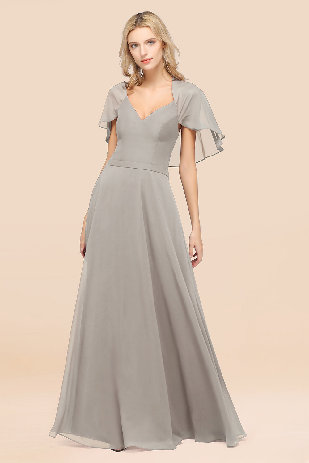 Chic Satin V-Neck Long Burgundy Chiffon Bridesmaid Dress with Flutter Sleeve-27dress