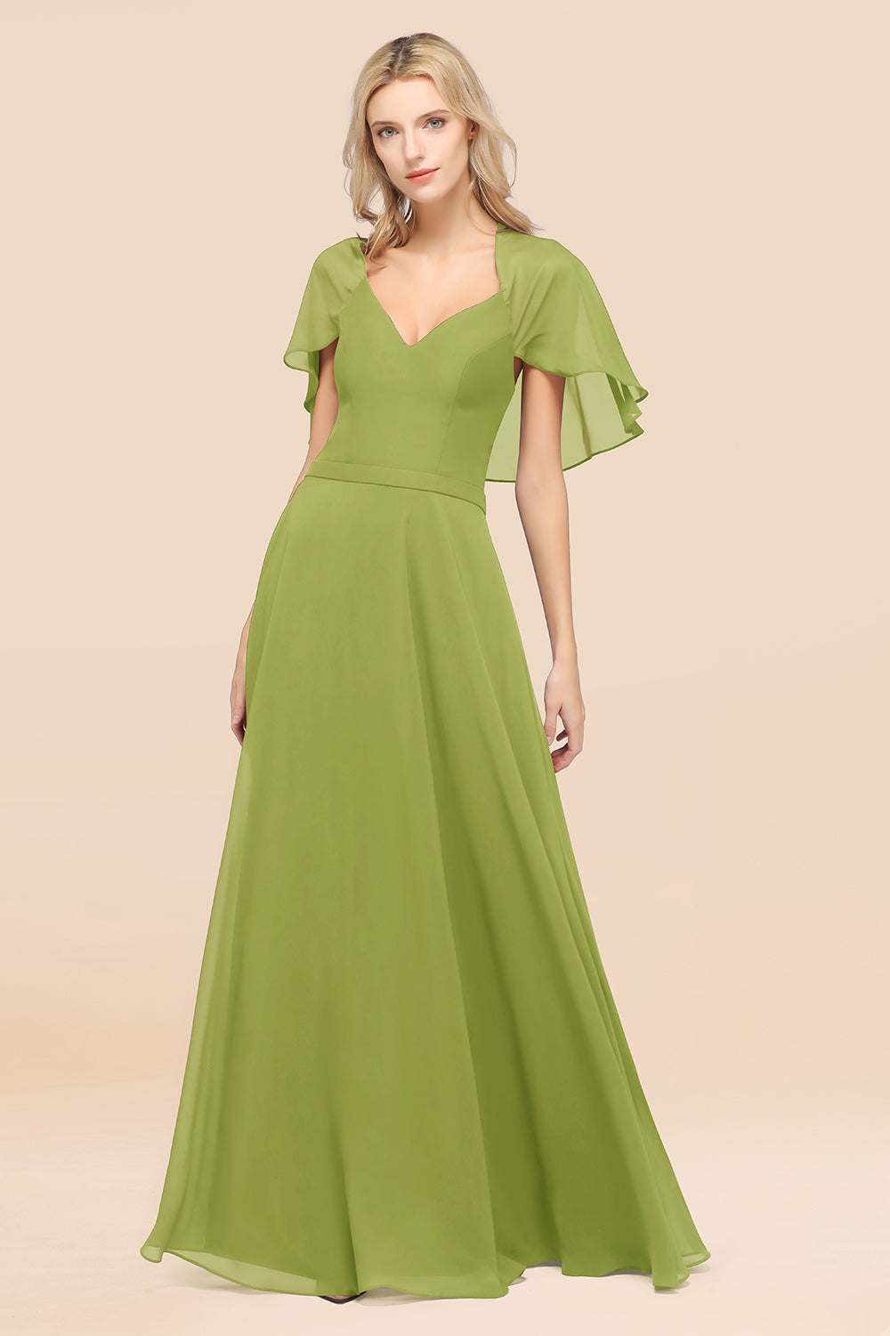 Chic Satin V-Neck Long Burgundy Chiffon Bridesmaid Dress with Flutter Sleeve-27dress