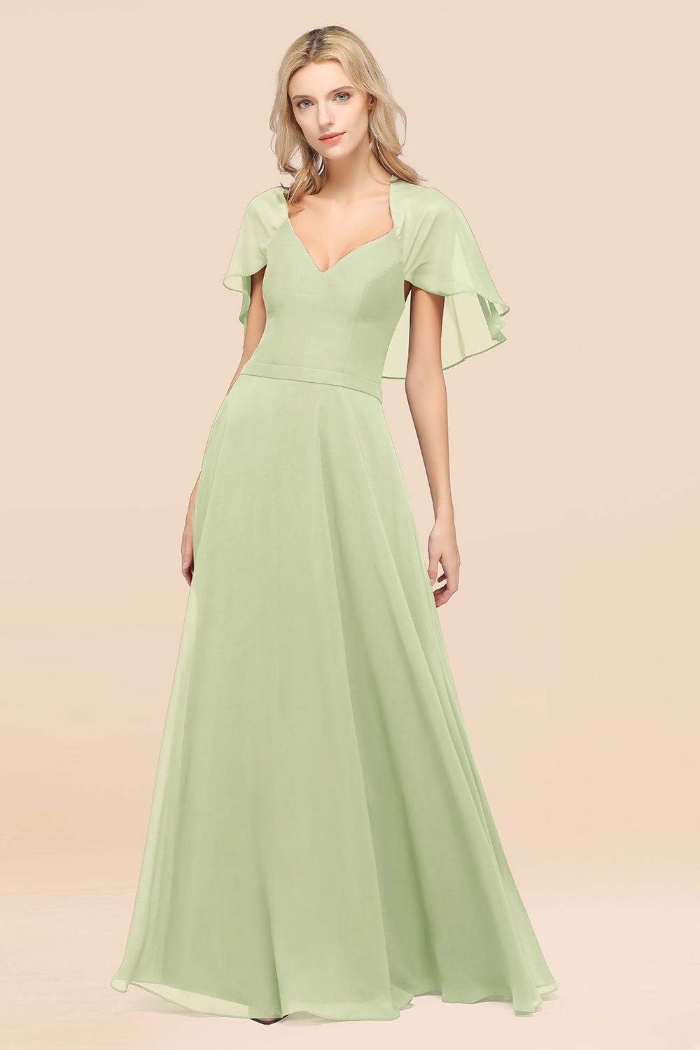 Chic Satin V-Neck Long Burgundy Chiffon Bridesmaid Dress with Flutter Sleeve-27dress