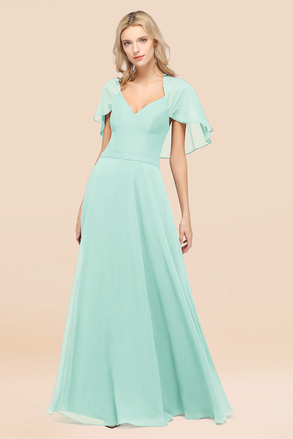 Chic Satin V-Neck Long Burgundy Chiffon Bridesmaid Dress with Flutter Sleeve-27dress