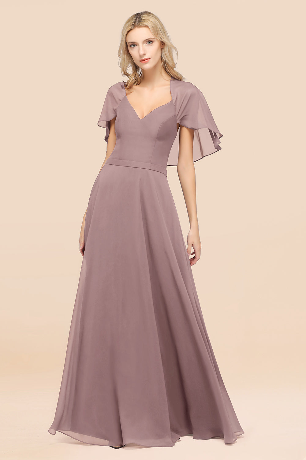 Chic Satin V-Neck Long Burgundy Chiffon Bridesmaid Dress with Flutter Sleeve-27dress