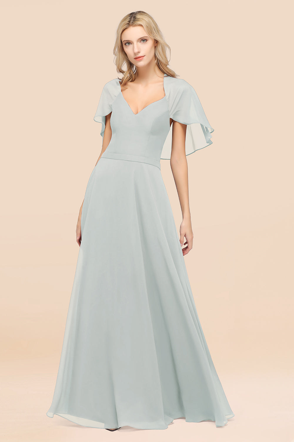 Chic Satin V-Neck Long Burgundy Chiffon Bridesmaid Dress with Flutter Sleeve-27dress
