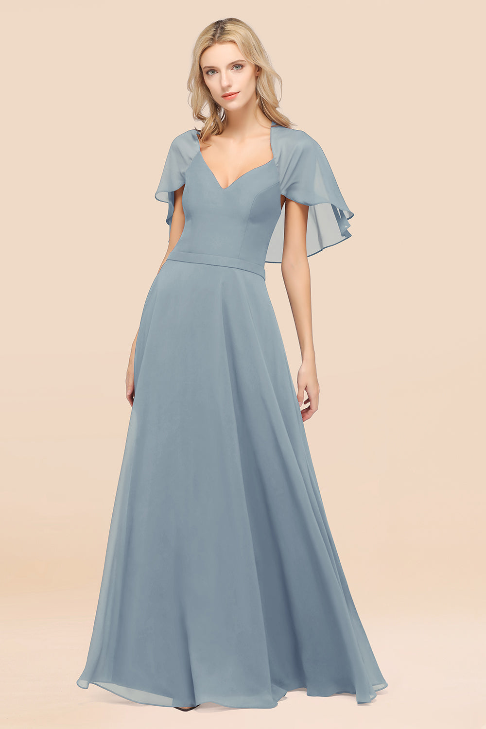 Chic Satin V-Neck Long Burgundy Chiffon Bridesmaid Dress with Flutter Sleeve-27dress