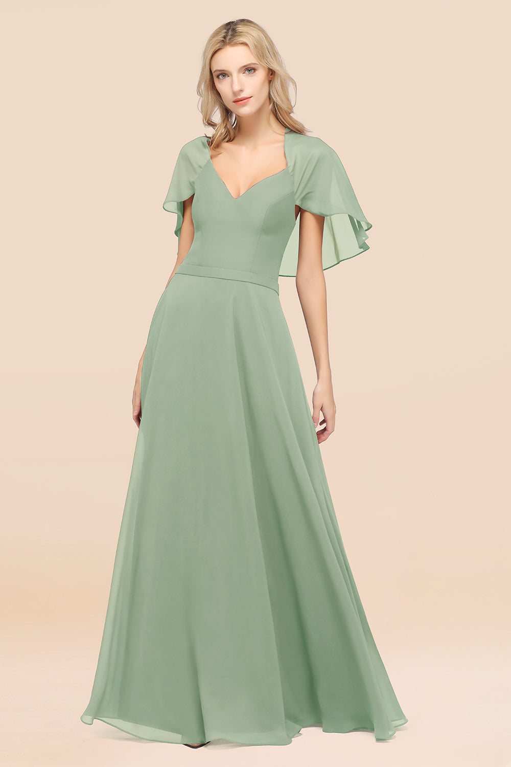 Chic Satin V-Neck Long Burgundy Chiffon Bridesmaid Dress with Flutter Sleeve-27dress