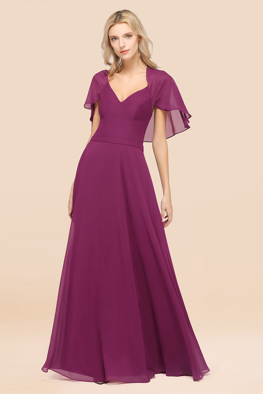 Chic Satin V-Neck Long Burgundy Chiffon Bridesmaid Dress with Flutter Sleeve-27dress