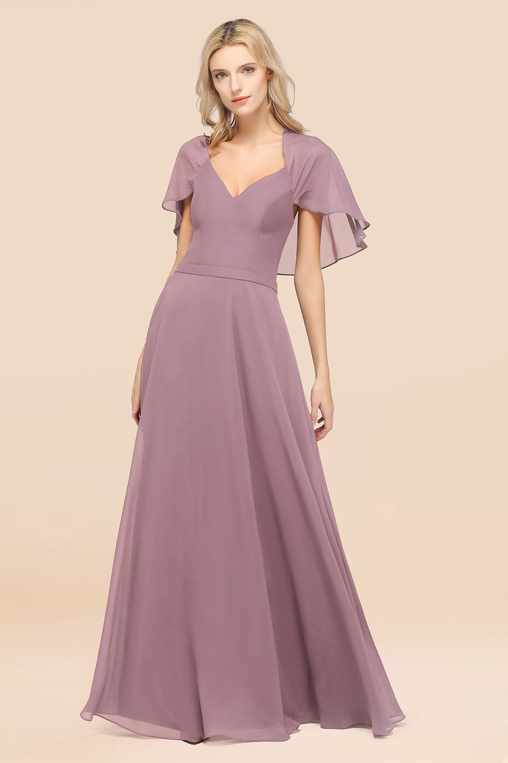 Chic Satin V-Neck Long Burgundy Chiffon Bridesmaid Dress with Flutter Sleeve-27dress